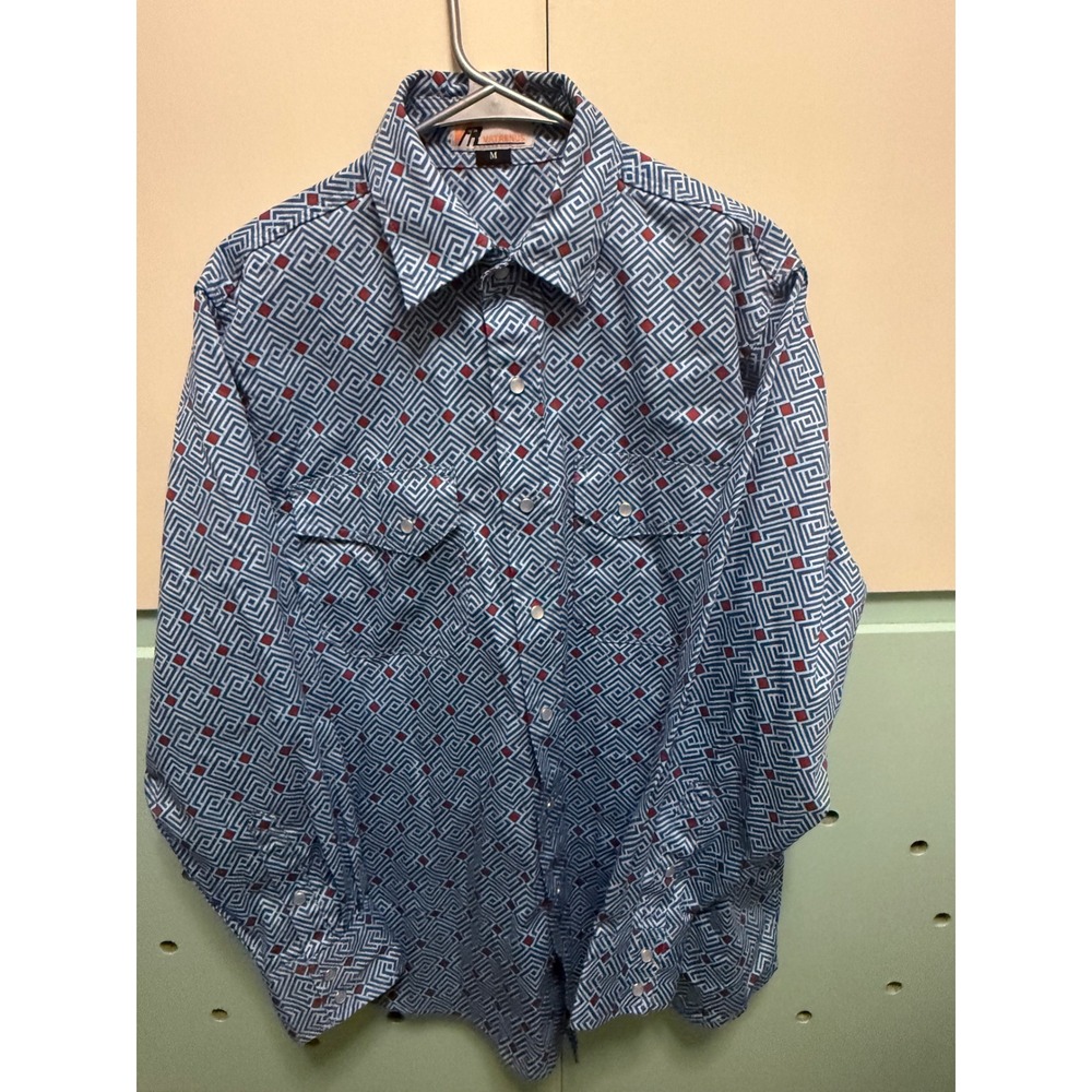 Vatrenus FR Flame Resistant Work Shirt Mens Medium Blue Geometric Snap Western - Picture 1 of 5